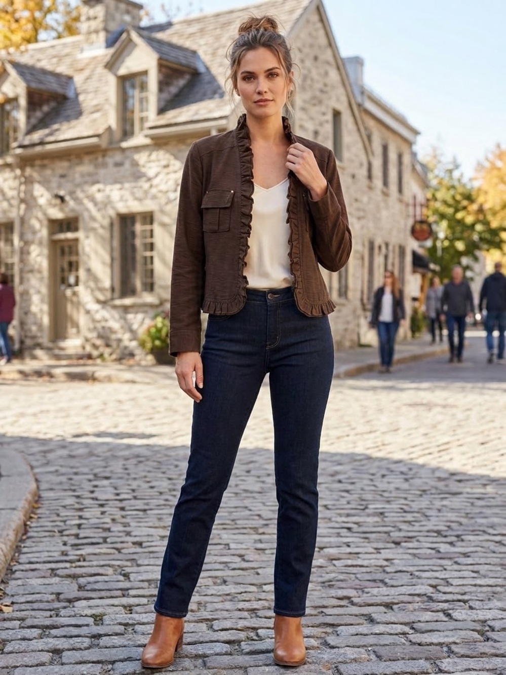 Brown silk Ruffle-Trim Utility Jacket